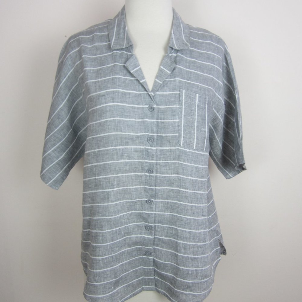 Garnet Hill Women's 10 Gray Linen Stripe Dolman Sleeve Button Up Blouse